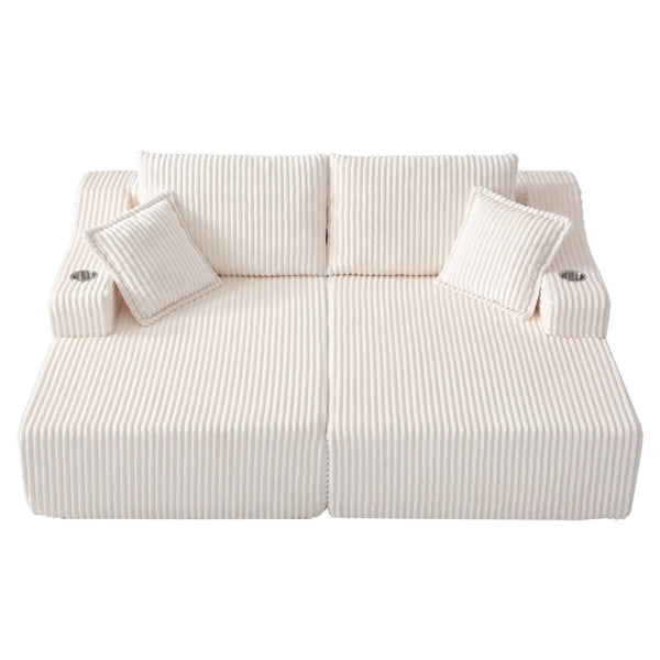 English Elm 83'' Frameless Double Chaise Sofa Bed High Density Foam Deep Seat with Six Pillows White W5385S00012