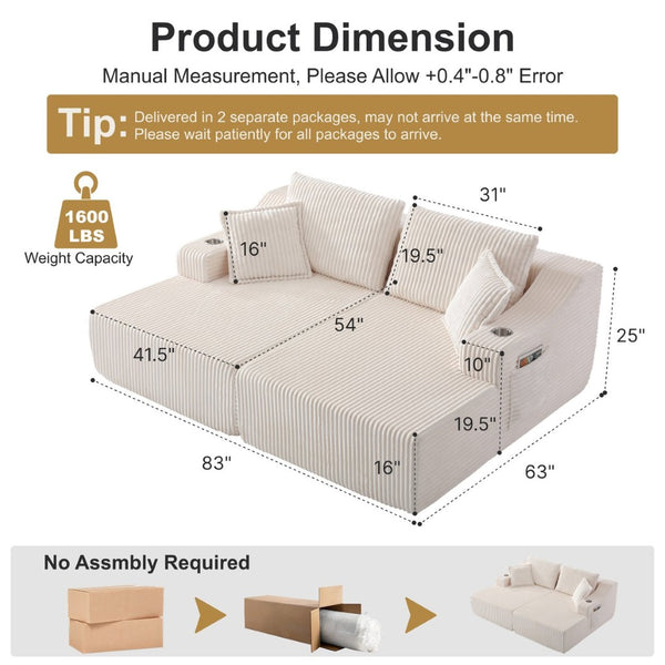 English Elm 83'' Frameless Double Chaise Sofa Bed High Density Foam Deep Seat with Six Pillows White W5385S00012