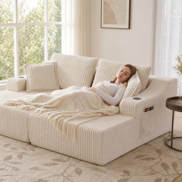 English Elm 83'' Frameless Double Chaise Sofa Bed High Density Foam Deep Seat with Six Pillows White W5385S00012