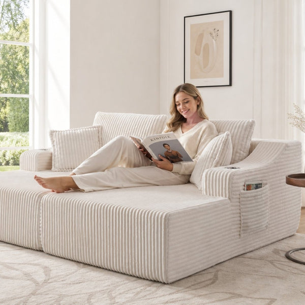 English Elm 83'' Frameless Double Chaise Sofa Bed High Density Foam Deep Seat with Six Pillows White W5385S00012