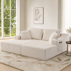 English Elm 83'' Frameless Double Chaise Sofa Bed High Density Foam Deep Seat with Six Pillows White W5385S00012