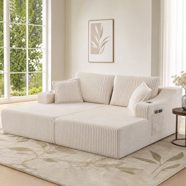 English Elm 83'' Frameless Double Chaise Sofa Bed High Density Foam Deep Seat with Six Pillows White W5385S00012