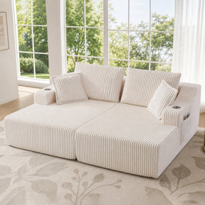 English Elm 83'' Frameless Double Chaise Sofa Bed High Density Foam Deep Seat with Six Pillows White W5385S00012