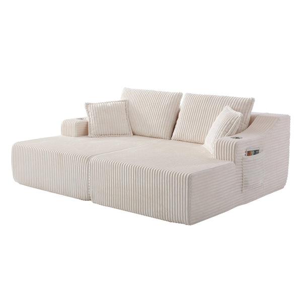 English Elm 83'' Frameless Double Chaise Sofa Bed High Density Foam Deep Seat with Six Pillows White W5385S00012