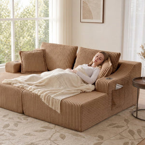 English Elm 83'' Frameless Double Chaise Sofa Bed High Density Foam Deep Seat with Six Pillows Brown W5385S00013