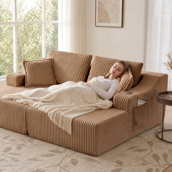 English Elm 83'' Frameless Double Chaise Sofa Bed High Density Foam Deep Seat with Six Pillows Brown W5385S00013