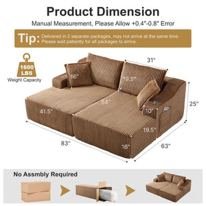 English Elm 83'' Frameless Double Chaise Sofa Bed High Density Foam Deep Seat with Six Pillows Brown W5385S00013