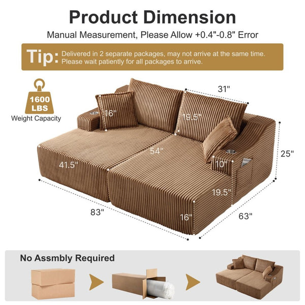 English Elm 83'' Frameless Double Chaise Sofa Bed High Density Foam Deep Seat with Six Pillows Brown W5385S00013