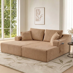 English Elm 83'' Frameless Double Chaise Sofa Bed High Density Foam Deep Seat with Six Pillows Brown W5385S00013