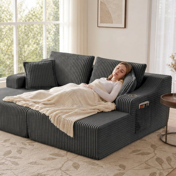English Elm 83'' Frameless Double Chaise Sofa Bed High Density Foam Deep Seat with Six Pillows Gray W5385S00014