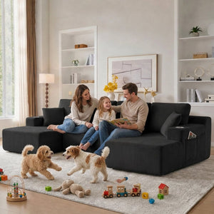 English Elm 130" U-shaped Corduroy Sectional Sofa Modular Design with Chaise for Living Room Black W5385S00015