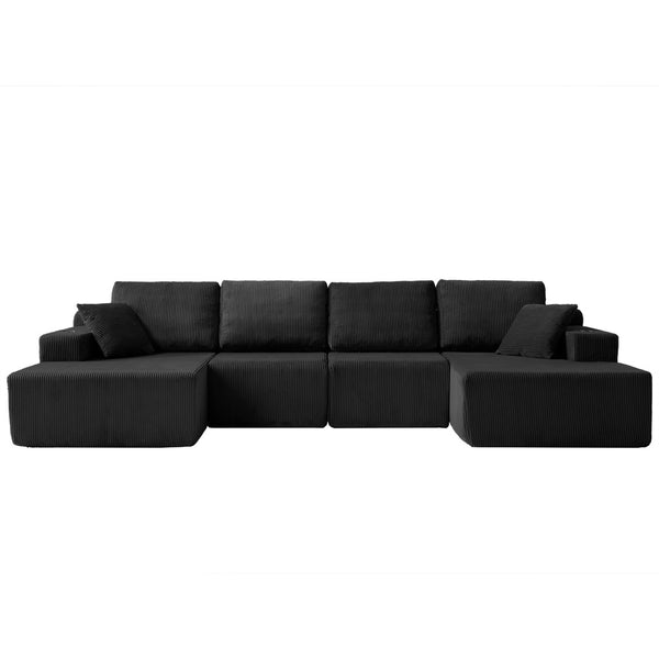 English Elm 130" U-shaped Corduroy Sectional Sofa Modular Design with Chaise for Living Room Black W5385S00015