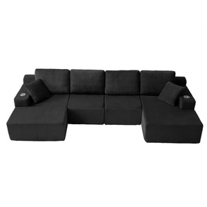 English Elm 130" U-shaped Corduroy Sectional Sofa Modular Design with Chaise for Living Room Black W5385S00015