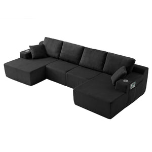 English Elm 130" U-shaped Corduroy Sectional Sofa Modular Design with Chaise for Living Room Black W5385S00015