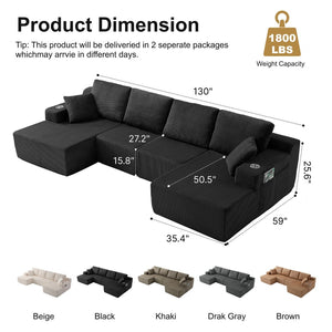 English Elm 130" U-shaped Corduroy Sectional Sofa Modular Design with Chaise for Living Room Black W5385S00015