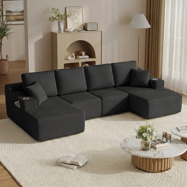 English Elm 130" U-shaped Corduroy Sectional Sofa Modular Design with Chaise for Living Room Black W5385S00015