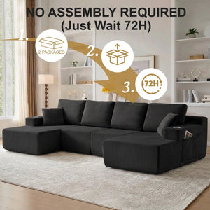 English Elm 130" U-shaped Corduroy Sectional Sofa Modular Design with Chaise for Living Room Black W5385S00015