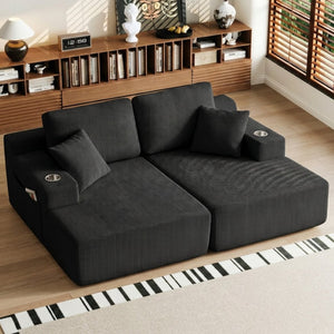 English Elm 130" U-shaped Corduroy Sectional Sofa Modular Design with Chaise for Living Room Black W5385S00015