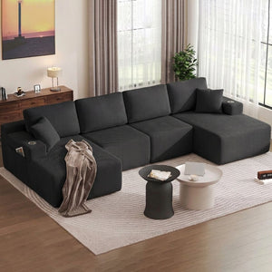 English Elm 130" U-shaped Corduroy Sectional Sofa Modular Design with Chaise for Living Room Black W5385S00015