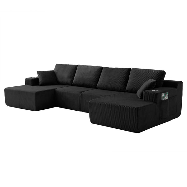English Elm 130" U-shaped Corduroy Sectional Sofa Modular Design with Chaise for Living Room Black W5385S00015