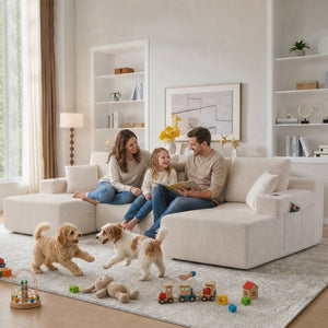 English Elm 130" U-shaped Corduroy Sectional Sofa Modular Design with Chaise for Living Room White W5385S00016