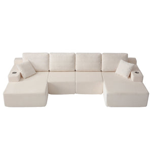 English Elm 130" U-shaped Corduroy Sectional Sofa Modular Design with Chaise for Living Room White W5385S00016