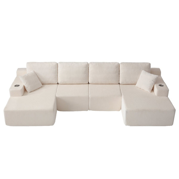 English Elm 130" U-shaped Corduroy Sectional Sofa Modular Design with Chaise for Living Room White W5385S00016