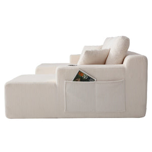 English Elm 130" U-shaped Corduroy Sectional Sofa Modular Design with Chaise for Living Room White W5385S00016
