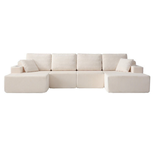 English Elm 130" U-shaped Corduroy Sectional Sofa Modular Design with Chaise for Living Room White W5385S00016
