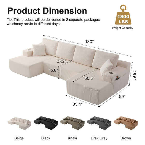 English Elm 130" U-shaped Corduroy Sectional Sofa Modular Design with Chaise for Living Room White W5385S00016
