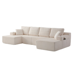 English Elm 130" U-shaped Corduroy Sectional Sofa Modular Design with Chaise for Living Room White W5385S00016