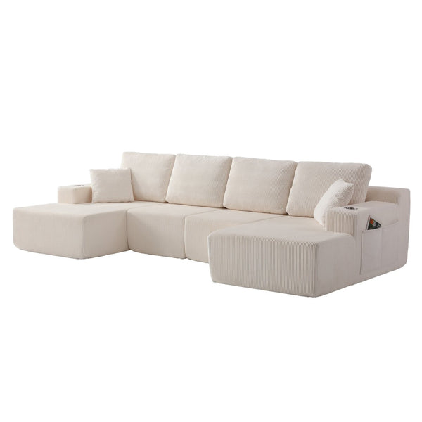 English Elm 130" U-shaped Corduroy Sectional Sofa Modular Design with Chaise for Living Room White W5385S00016