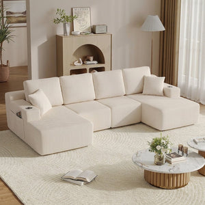 English Elm 130" U-shaped Corduroy Sectional Sofa Modular Design with Chaise for Living Room White W5385S00016