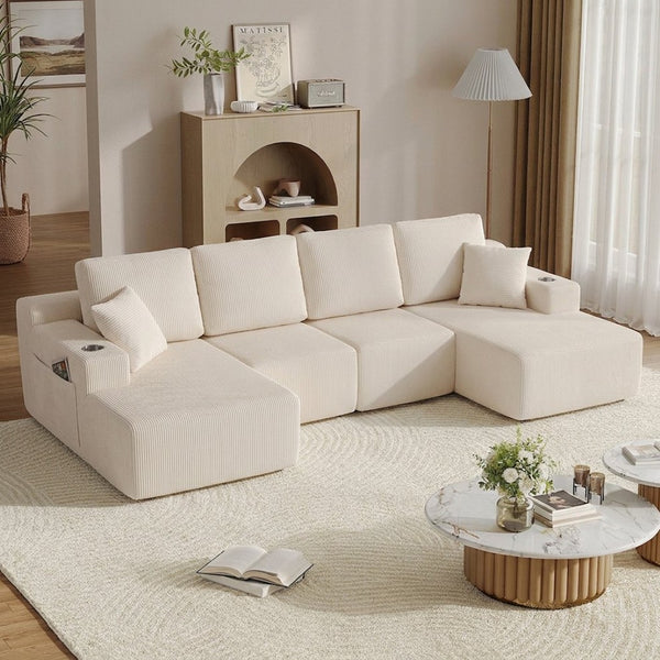 English Elm 130" U-shaped Corduroy Sectional Sofa Modular Design with Chaise for Living Room White W5385S00016