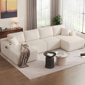 English Elm 130" U-shaped Corduroy Sectional Sofa Modular Design with Chaise for Living Room White W5385S00016