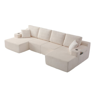 English Elm 130" U-shaped Corduroy Sectional Sofa Modular Design with Chaise for Living Room White W5385S00016