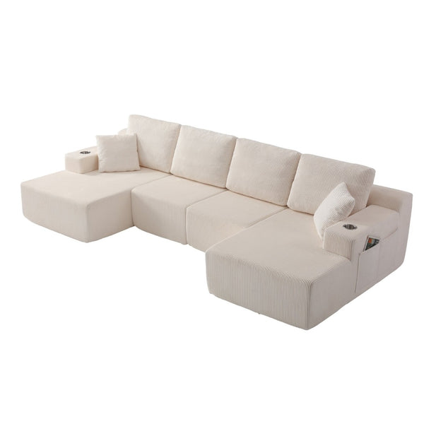 English Elm 130" U-shaped Corduroy Sectional Sofa Modular Design with Chaise for Living Room White W5385S00016