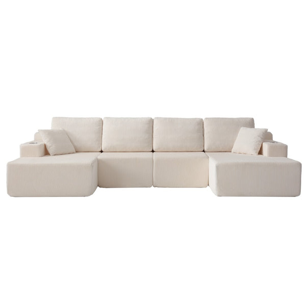 English Elm 130" U-shaped Corduroy Sectional Sofa Modular Design with Chaise for Living Room White W5385S00016