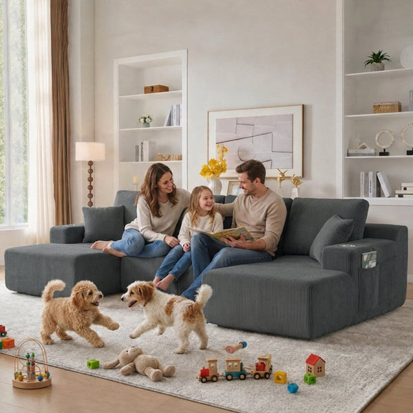 English Elm 130" U-shaped Corduroy Sectional Sofa Modular Design with Chaise for Living Room Gray W5385S00017