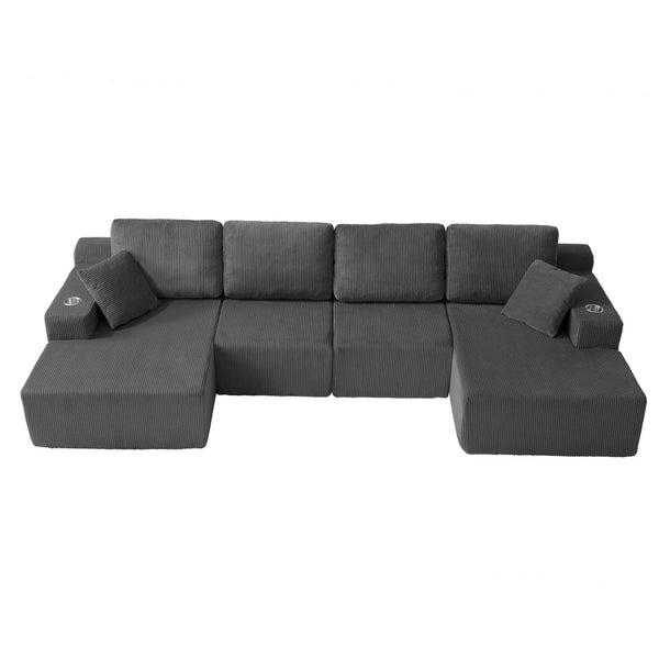 English Elm 130" U-shaped Corduroy Sectional Sofa Modular Design with Chaise for Living Room Gray W5385S00017