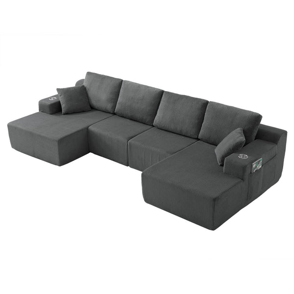 English Elm 130" U-shaped Corduroy Sectional Sofa Modular Design with Chaise for Living Room Gray W5385S00017