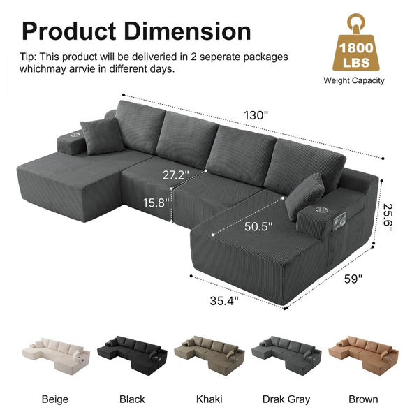 English Elm 130" U-shaped Corduroy Sectional Sofa Modular Design with Chaise for Living Room Gray W5385S00017