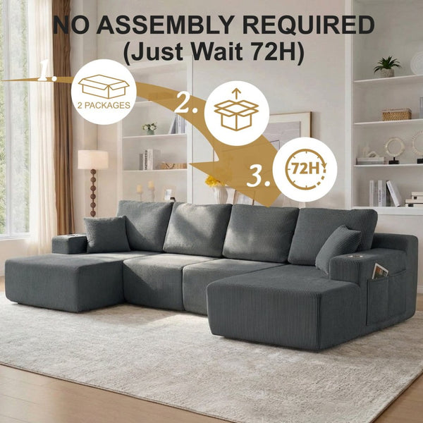 English Elm 130" U-shaped Corduroy Sectional Sofa Modular Design with Chaise for Living Room Gray W5385S00017