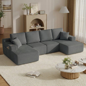 English Elm 130" U-shaped Corduroy Sectional Sofa Modular Design with Chaise for Living Room Gray W5385S00017