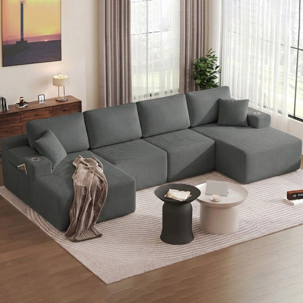 English Elm 130" U-shaped Corduroy Sectional Sofa Modular Design with Chaise for Living Room Gray W5385S00017