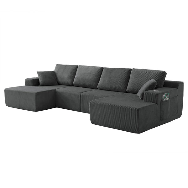 English Elm 130" U-shaped Corduroy Sectional Sofa Modular Design with Chaise for Living Room Gray W5385S00017