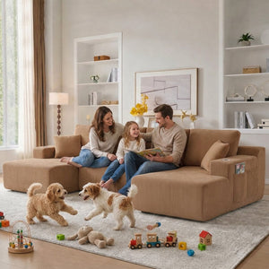 English Elm 130" U-shaped Corduroy Sectional Sofa Modular Design with Chaise for Living Room Brown W5385S00018