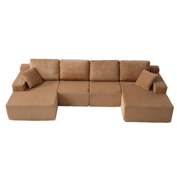 English Elm 130" U-shaped Corduroy Sectional Sofa Modular Design with Chaise for Living Room Brown W5385S00018