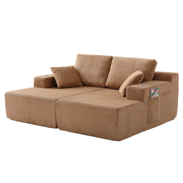 English Elm 130" U-shaped Corduroy Sectional Sofa Modular Design with Chaise for Living Room Brown W5385S00018