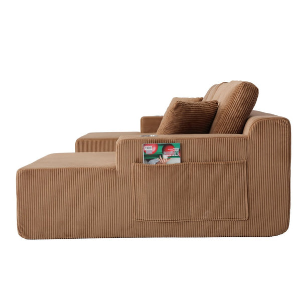 English Elm 130" U-shaped Corduroy Sectional Sofa Modular Design with Chaise for Living Room Brown W5385S00018